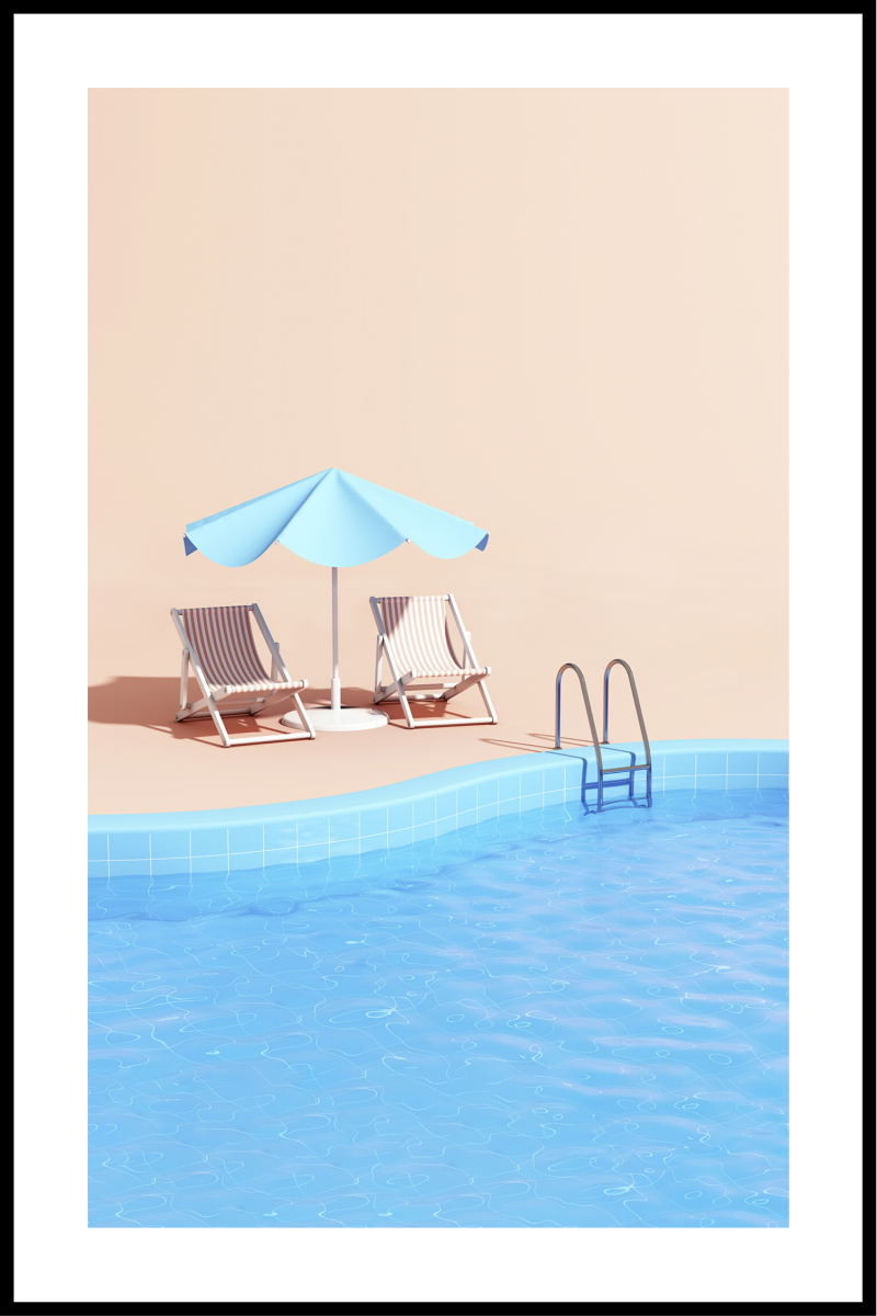 Plakat med strandstole ved pool - 21x30 cm