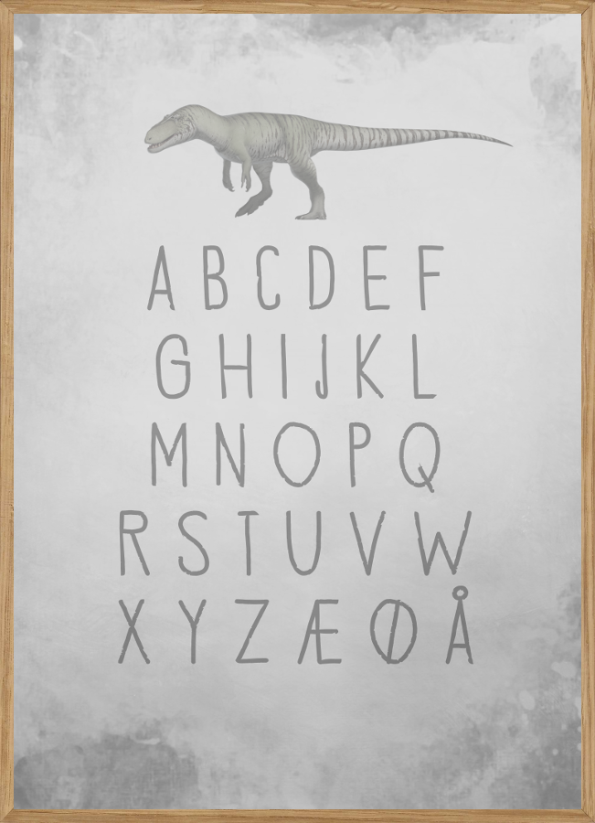 GRÅ DINOSAUR ABC - BØRNEPLAKAT A4 (21x29,7cm)