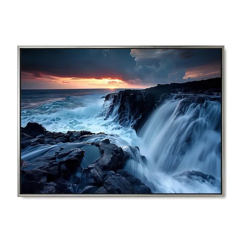 Klippevandfald - 60x80 cm - Sølvramme