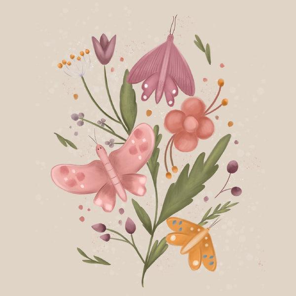 Lille Plakat med Blomster og Sommerfugle
