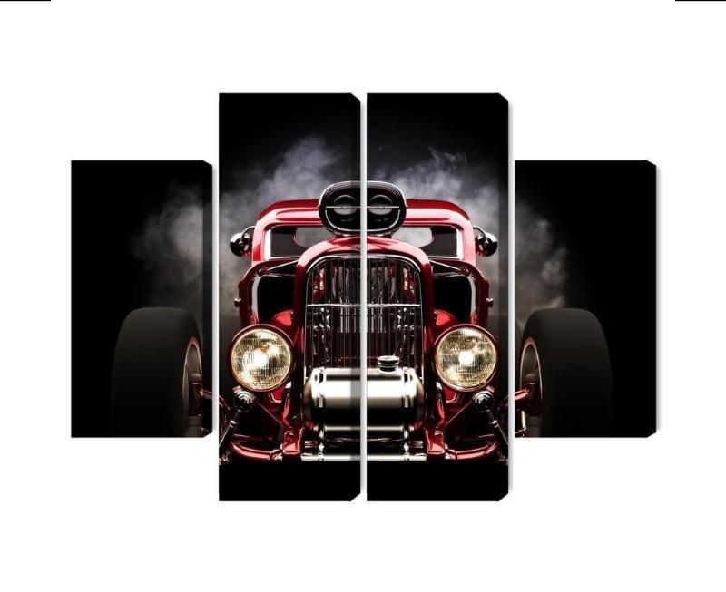 Flerdelt lærred med hot rod bil på røgfyldt baggrund
