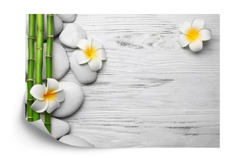 Bambusfototapet med blomster og sten