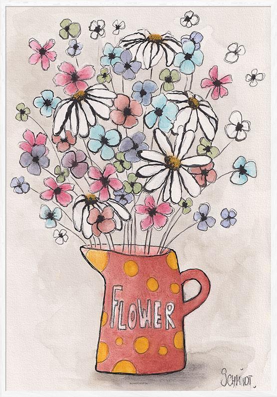 Akvarel med blomster i kande