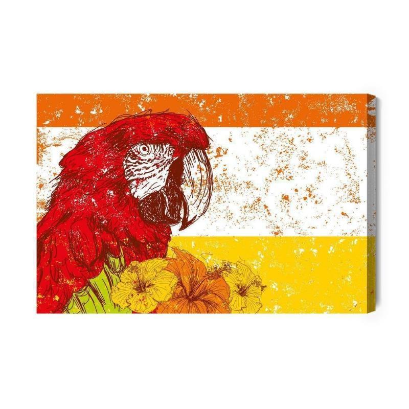 Lærred - Retro Ara papegøje med blomster