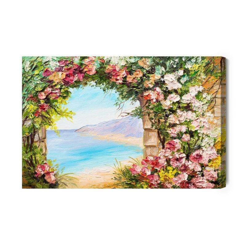 Lærred med blomster og havmotiv