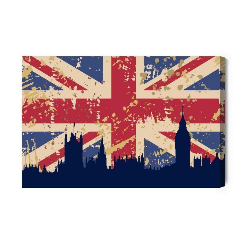 Lærred med det britiske flag og London-silhuet