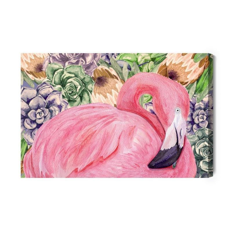Flamingo og blomster lærredsmaleri