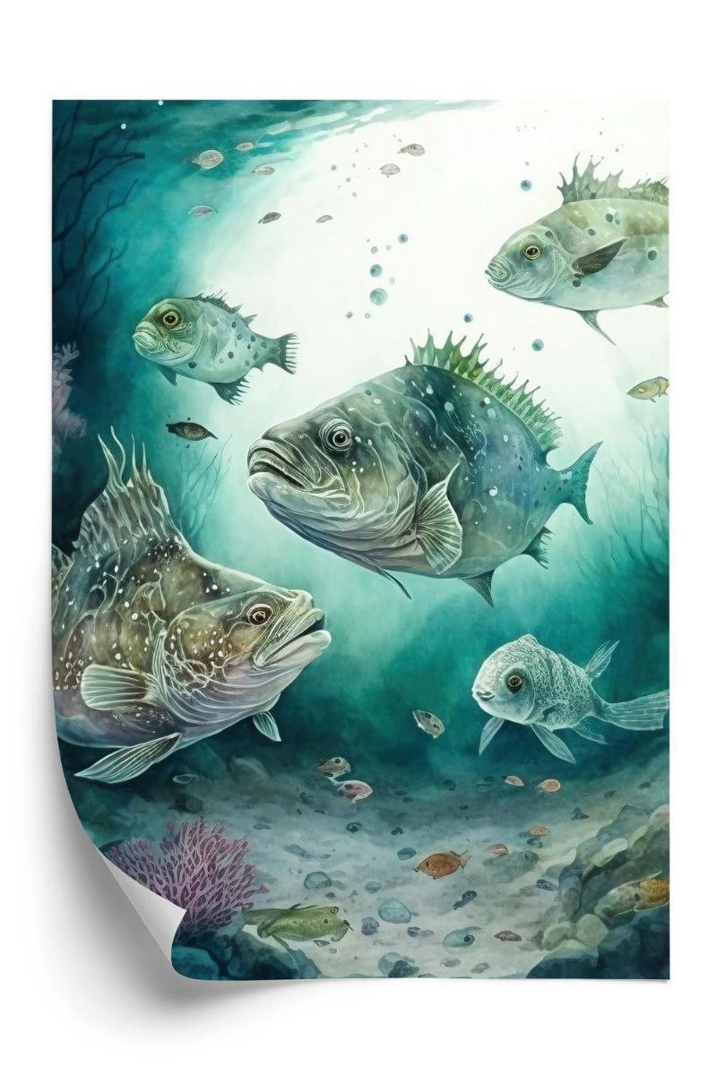 Plakat - Akvarel af fiskeskole i havet