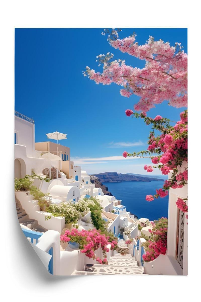Plakat – Smuk udsigt over Santorini med blå hav