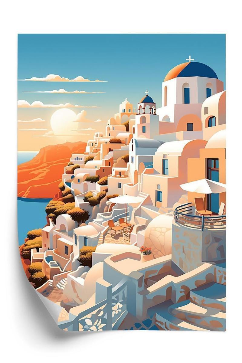 Plakat - Solnedgang over smukke Santorini