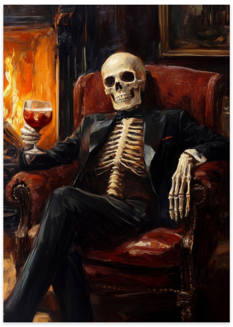 Skelet med skål - Sjov Halloween plakat