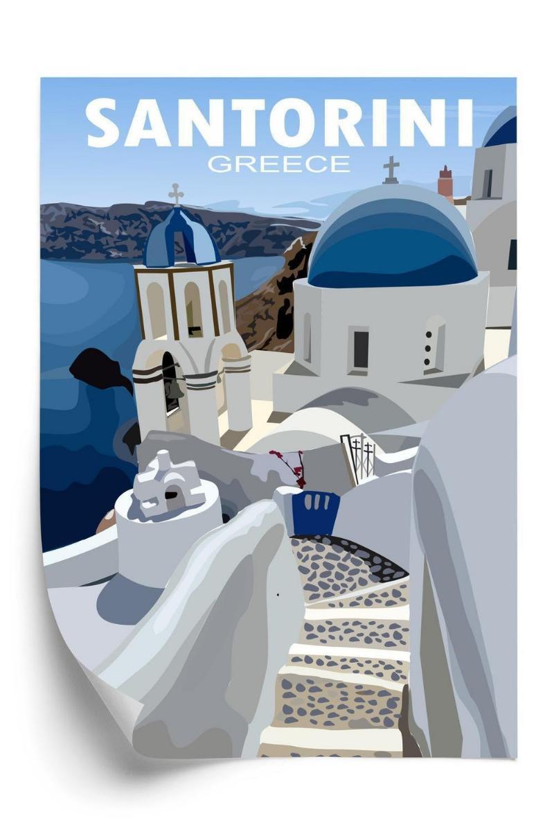 Plakat - Græske bygninger med blå tage på Santorini