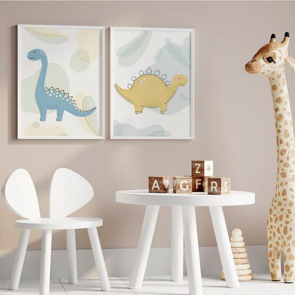 Dinosaur Plakatsæt - Gul & Blå - 2 Stykker
