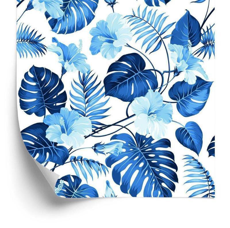 Tapet med blå tropiske blade og blomster