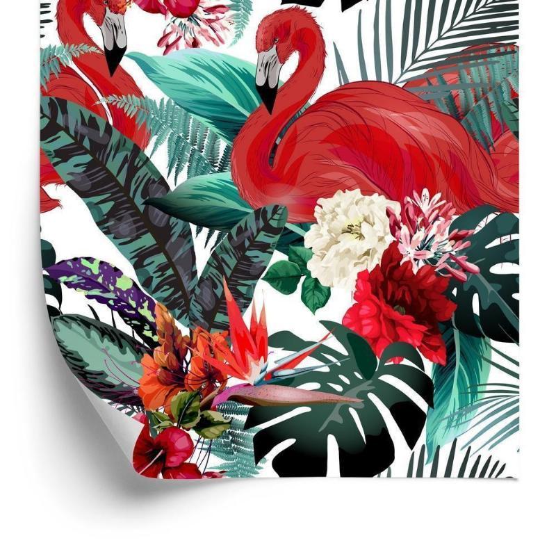 Tapet - Blomster og flamingoer