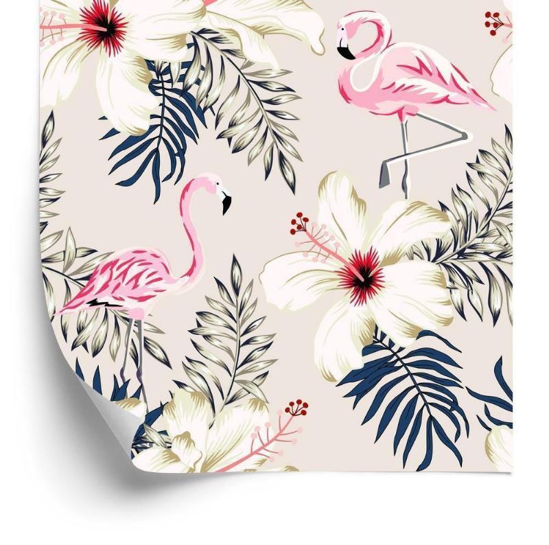 Tapet med flamingoer, blade og blomster