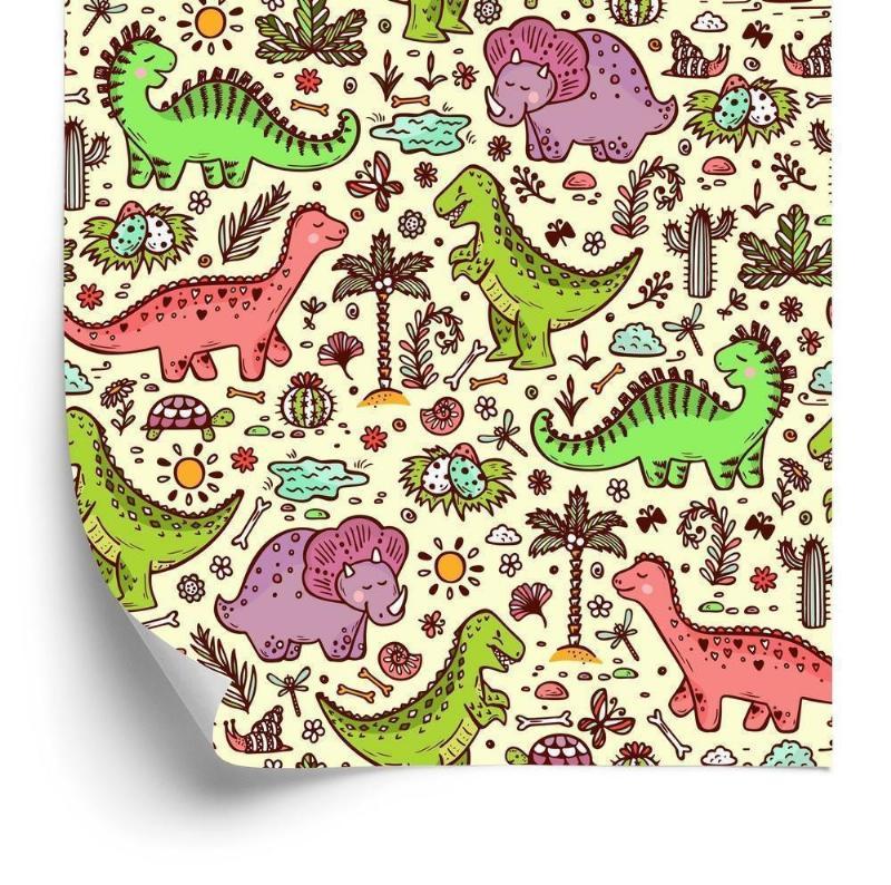 Børnetapet med dinosaurer, blomster og kaktusser