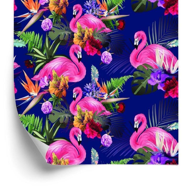 Flamingoer og blomster tapet til stuen