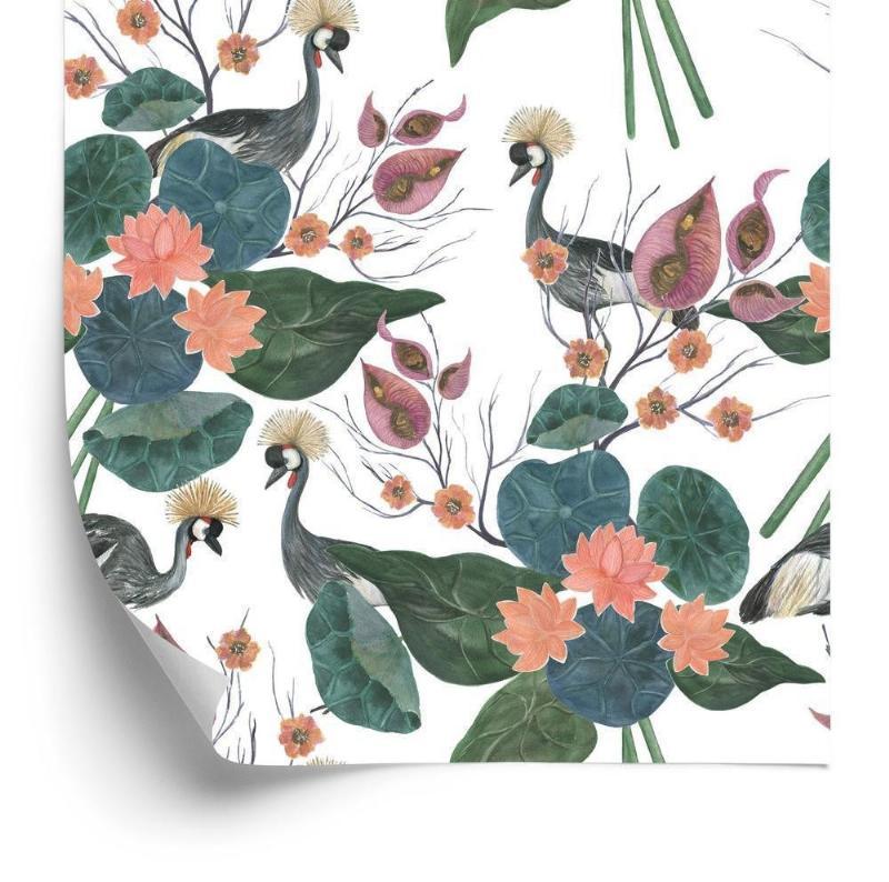 Tapet med trane design blandt blomster