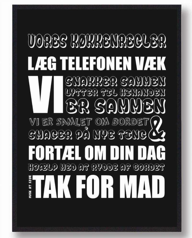 Køkkenregler Plakat (Sort) - Mål: 30x40 cm