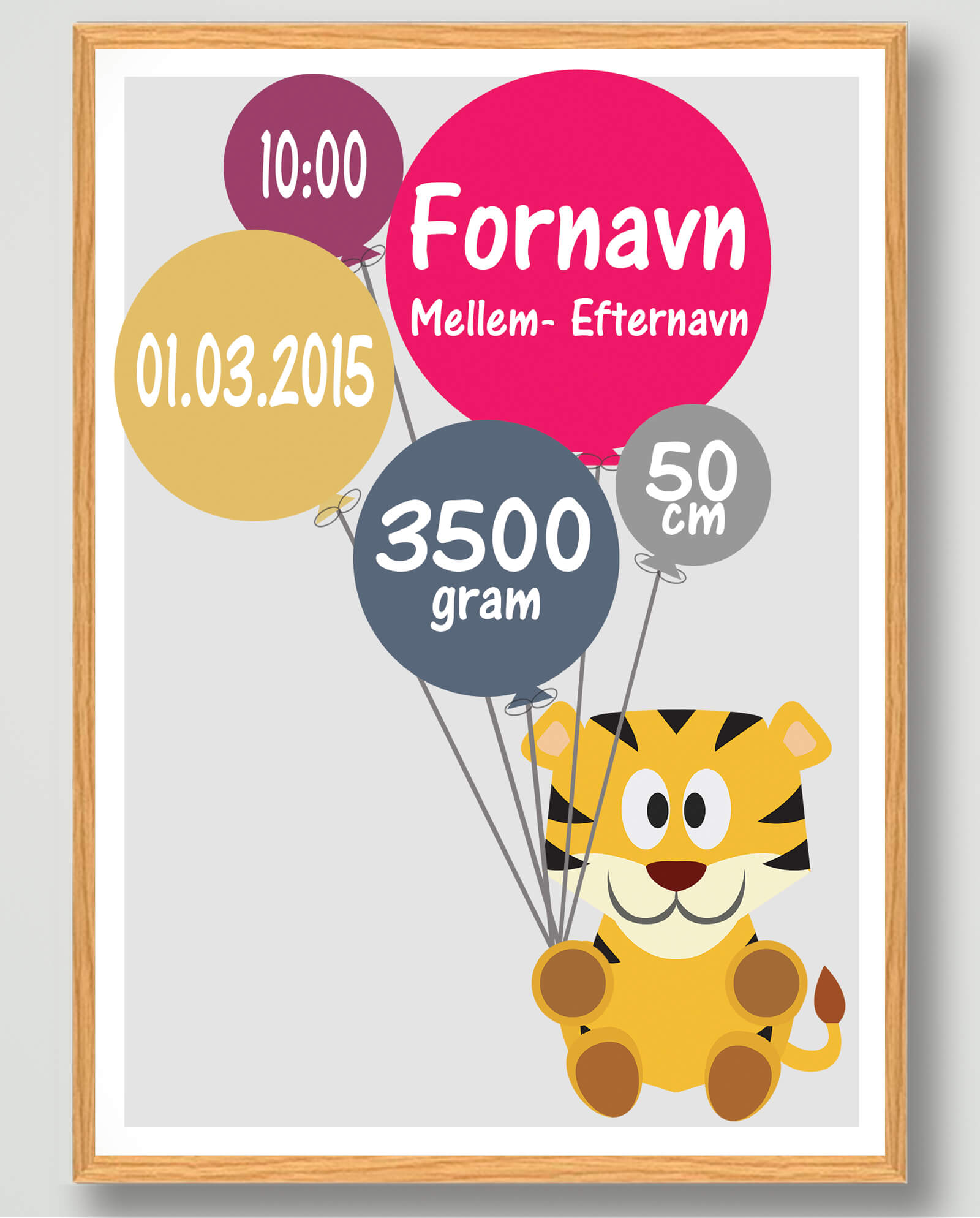 Fødselsplakat med Tiger - Unik Fødselstavle til Barnet