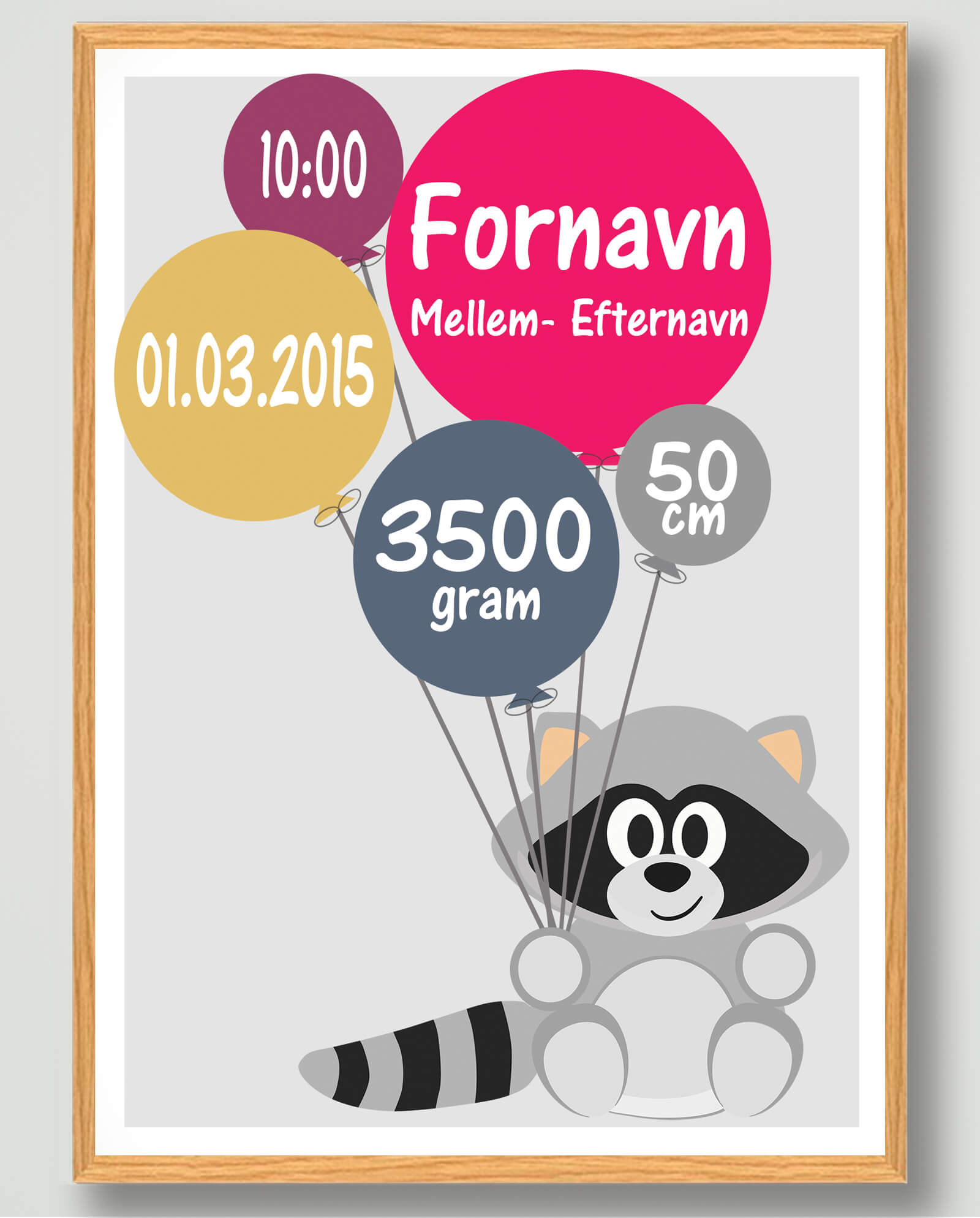 Fødselsplakat med Vaskebjørn - Søde Dyreplakater