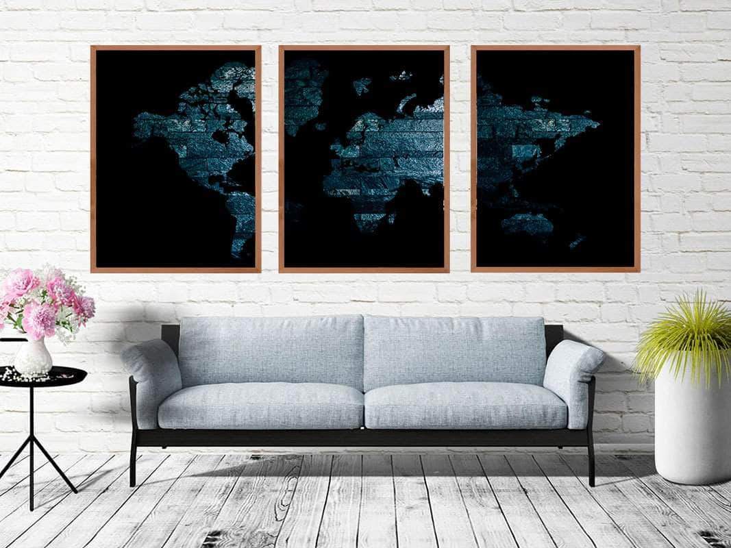 3 dele verdenskort plakat - version black