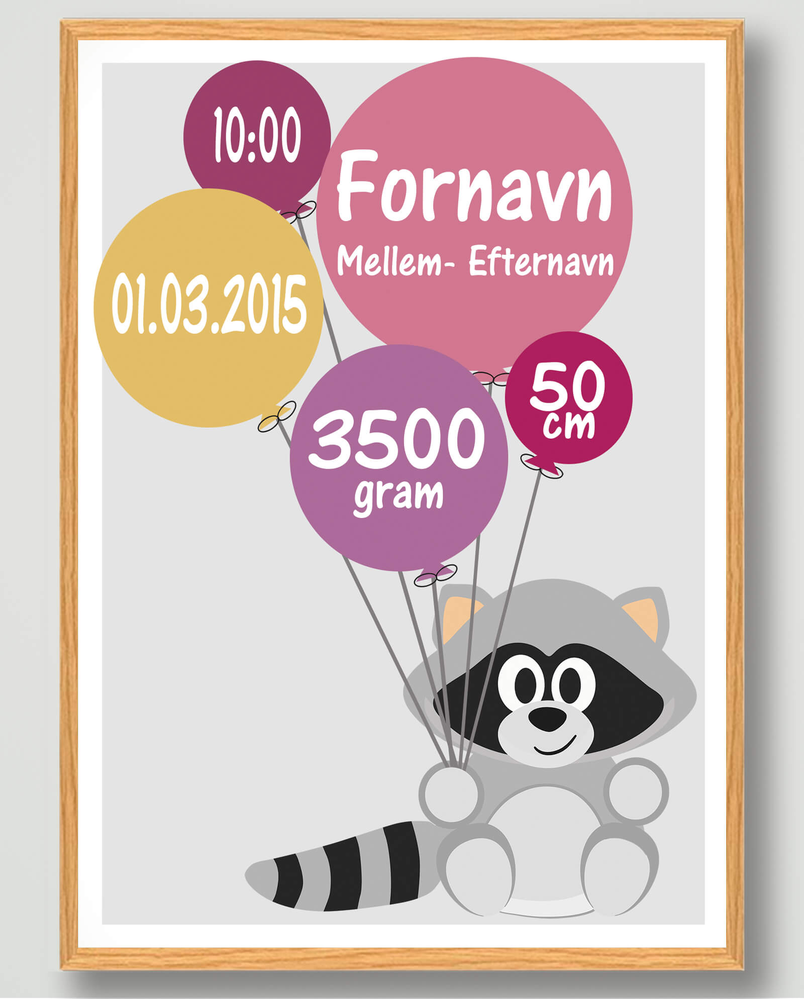 Fødselsplakat med Vaskebjørn - Søde Fødselstavler