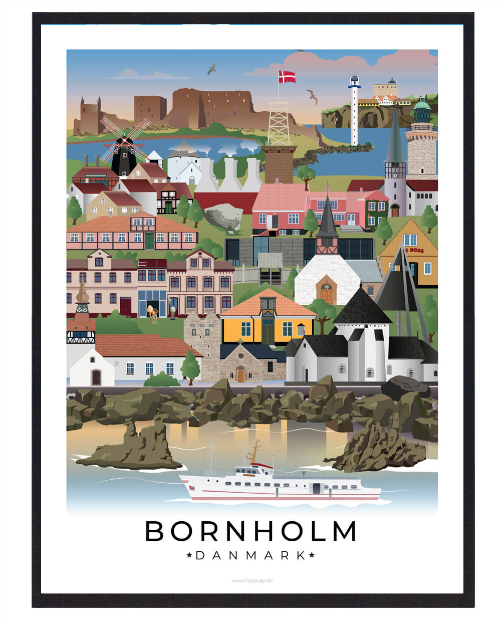 Bornholm byplakat med hvid kant – fejring af øens skønhed