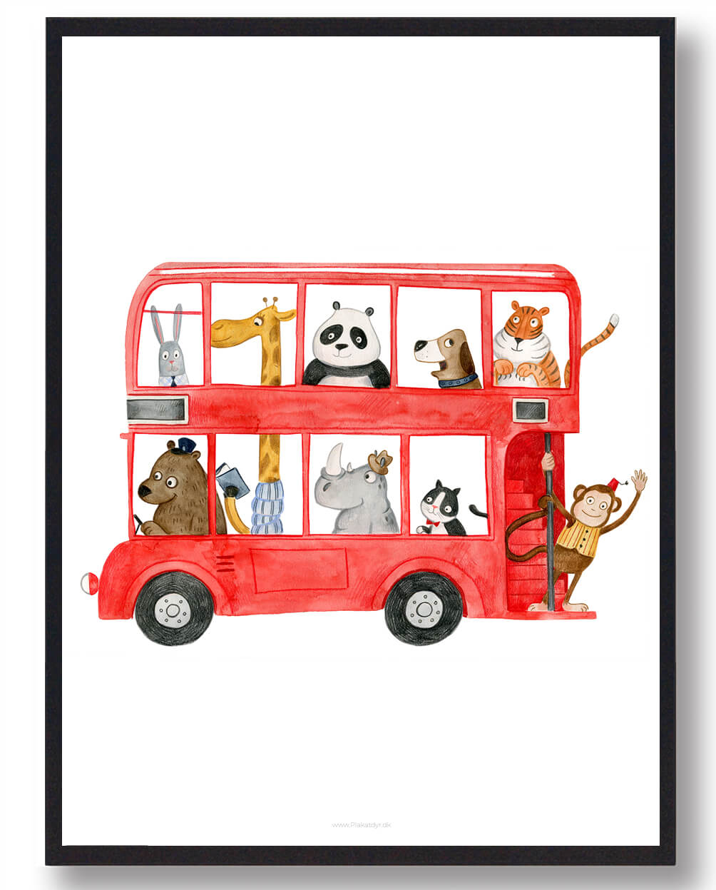 Rød Bus Med Dyr - Håndtegnet Plakat til Børneværelset