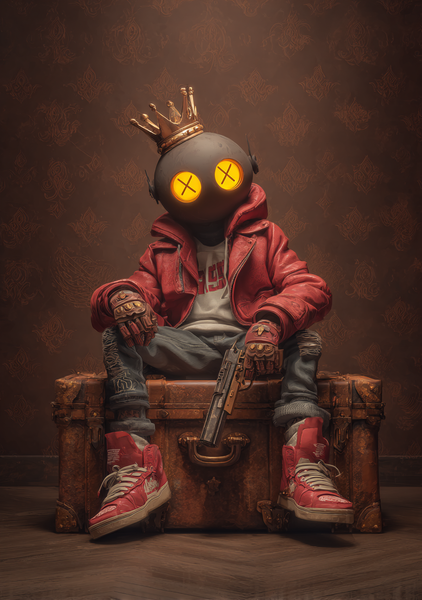 Gamer Plakat 440 – Maskeret Figur med Krone i Rød Jakke