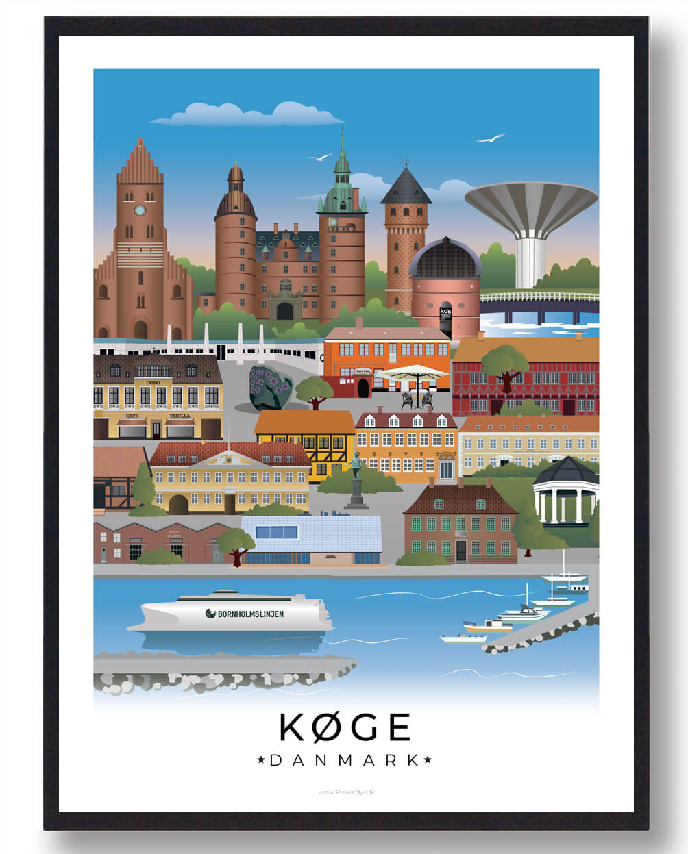 Køge byplakat med hvid kant - Oplev byens charme!