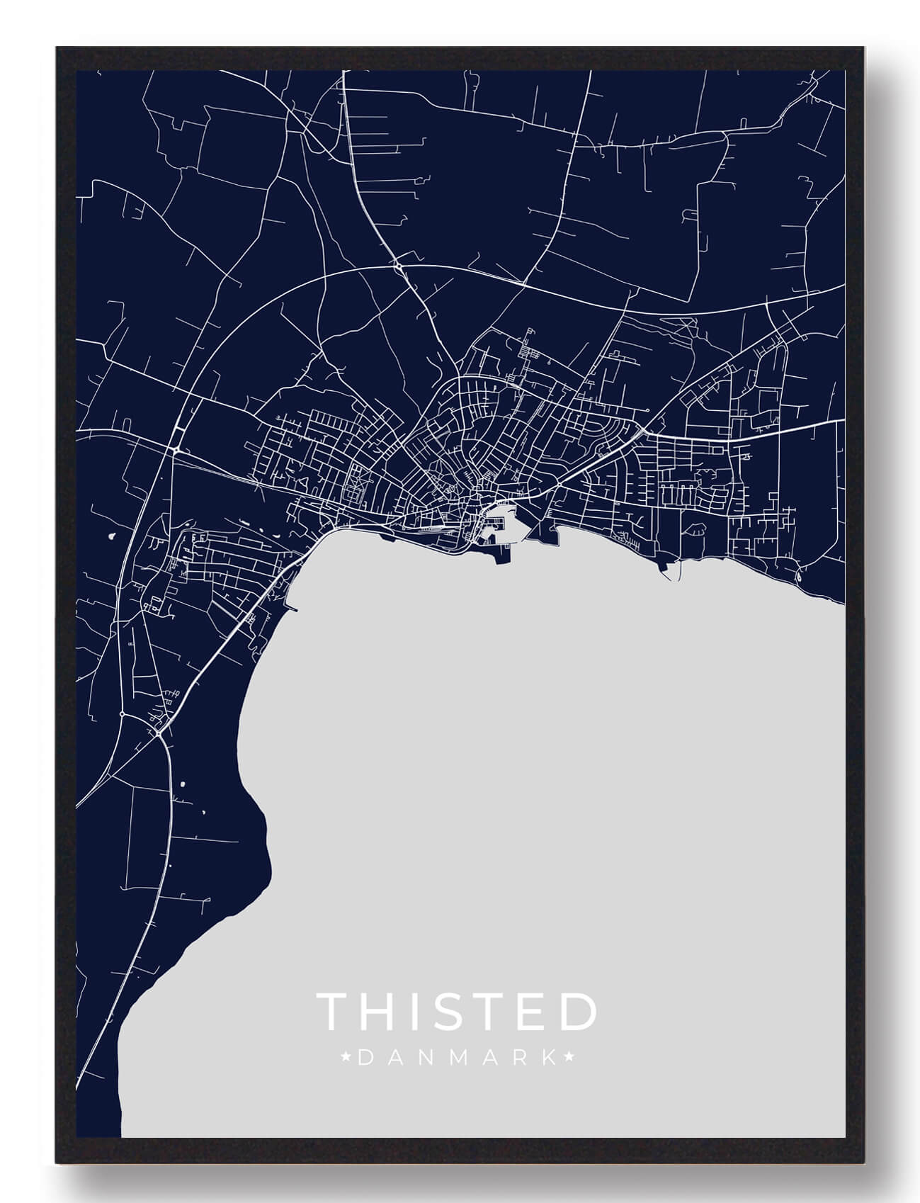 Thisted Plakat - Mørkeblå Udsigt over Byen