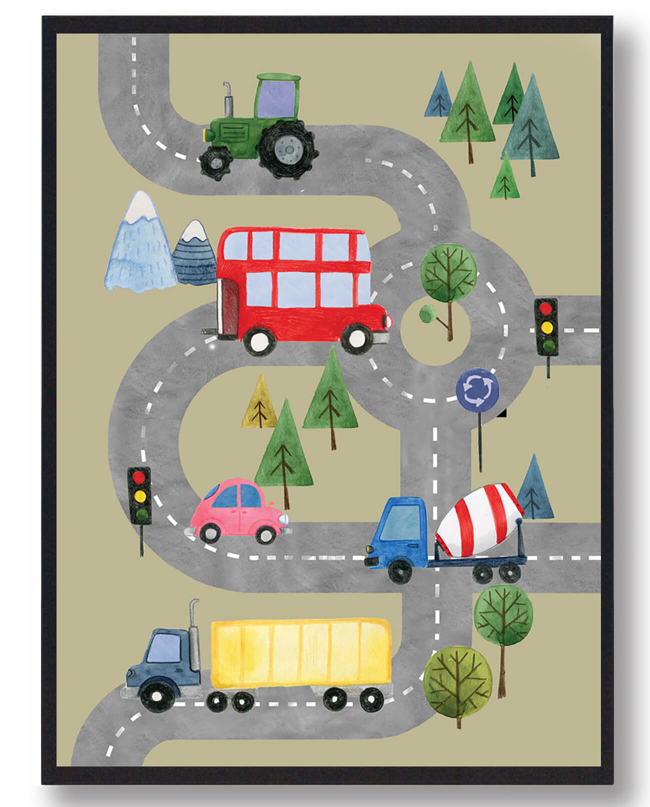 Biler på vejen - håndtegnet plakat (gul)