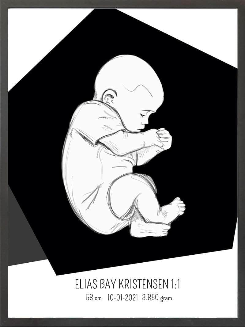 Fødselsplakat 1:1 – Blå Fosterstilling til Nybagt Mor