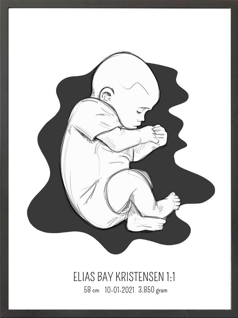 Fødselsplakat 1:1 – Blå Fosterstilling til Nybagte Forældre