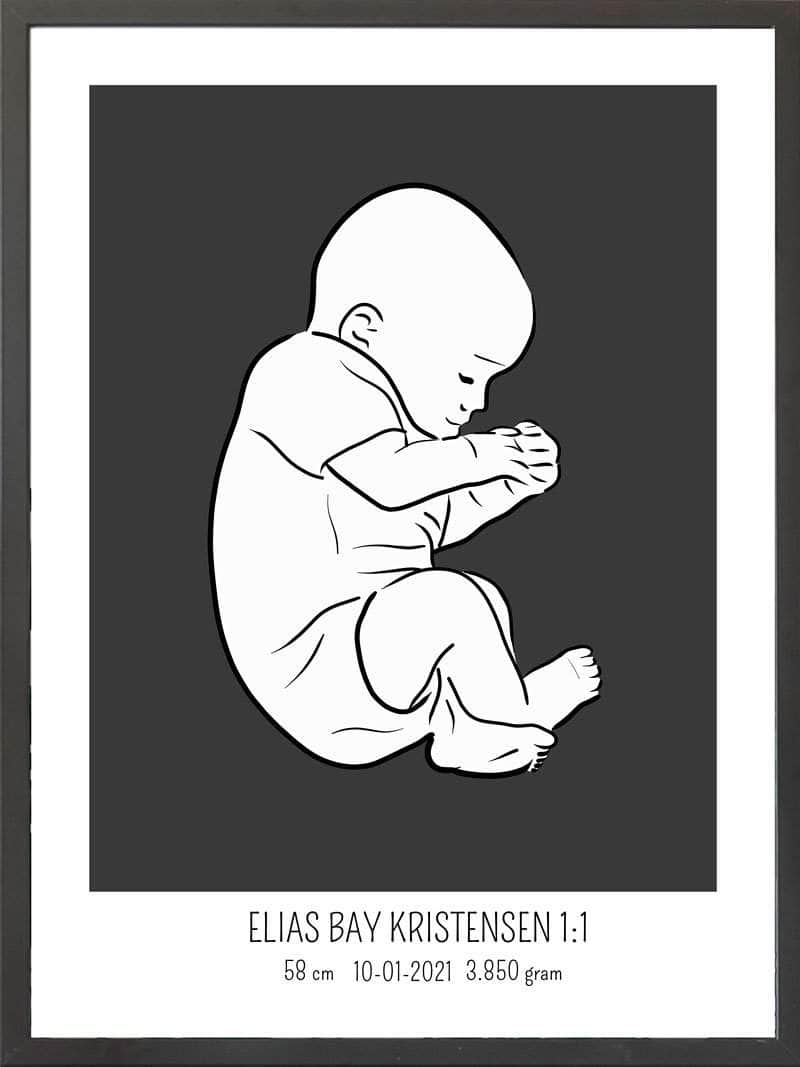 Fødselsplakat 1:1 – Blå Fosterstilling til Gave