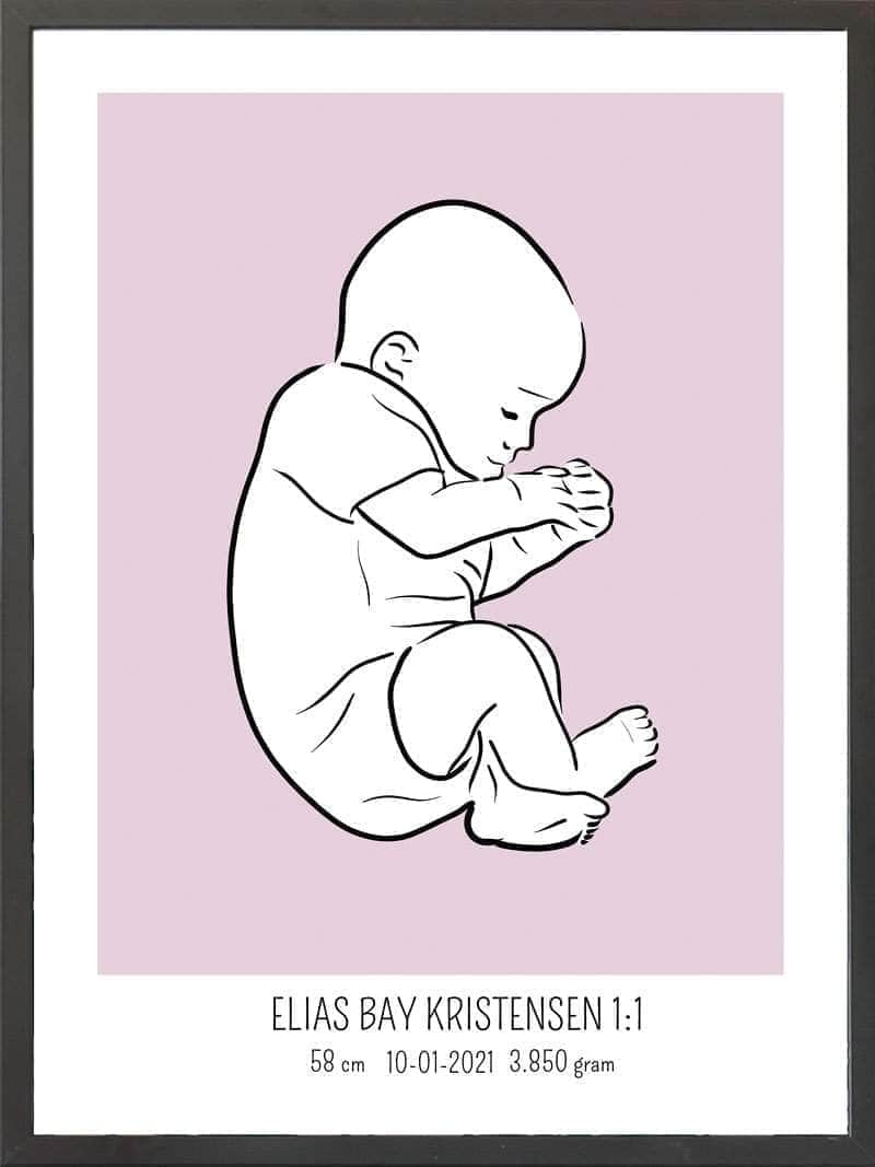 Fødselsplakat 1:1 – Lyserød Fosterstilling til Gave