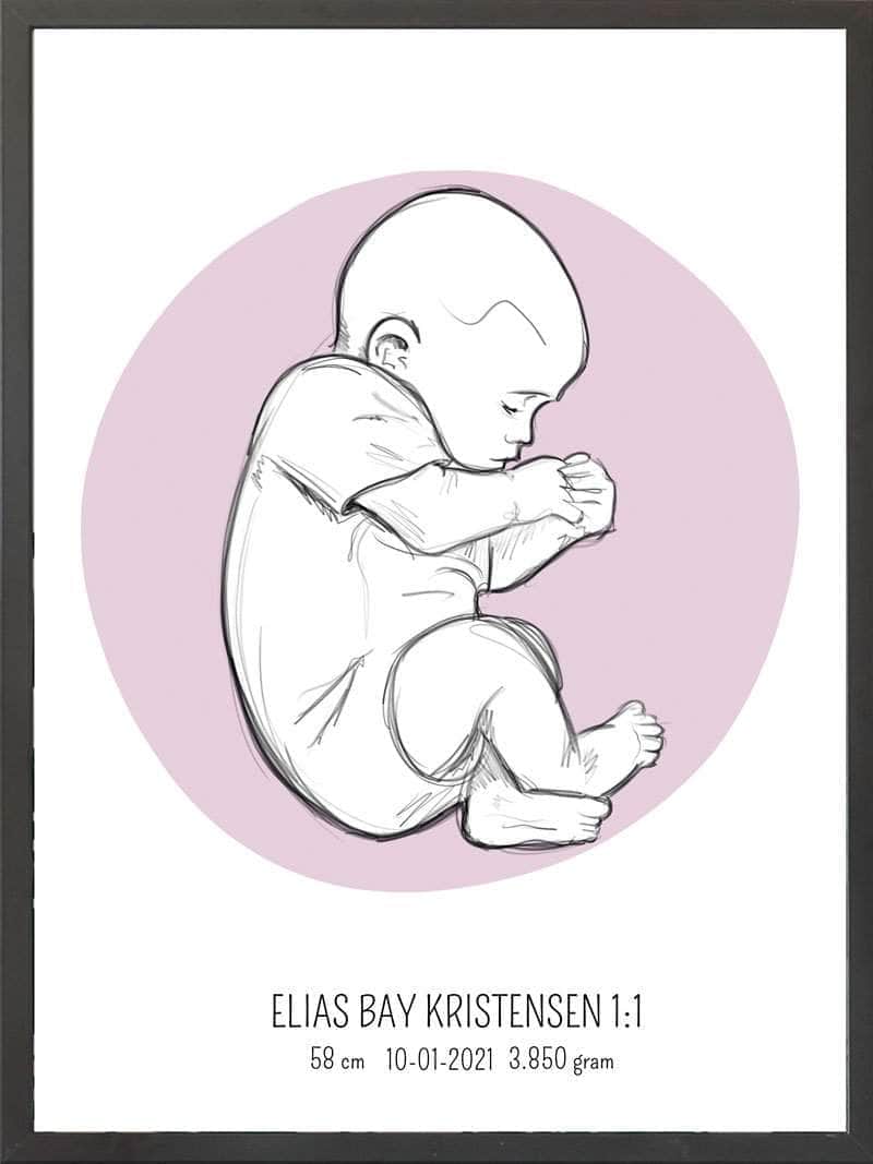 Birth poster / fødselsplakat 1:1 - Fosterstilling lyserød