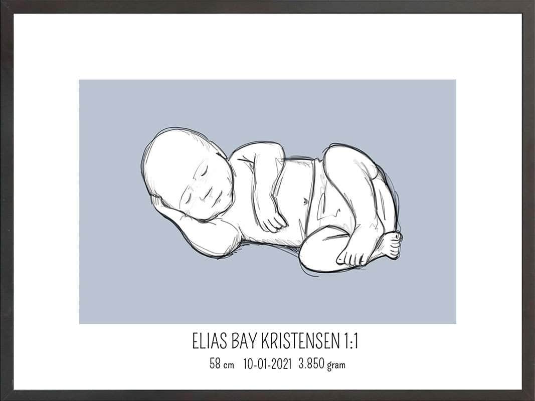 Fødselsplakat 1:1 - Liggende Blå til Gave eller Minde