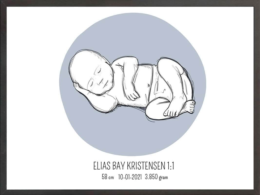 Fødselsplakat 1:1 - Liggende Blå til Gave eller Minde