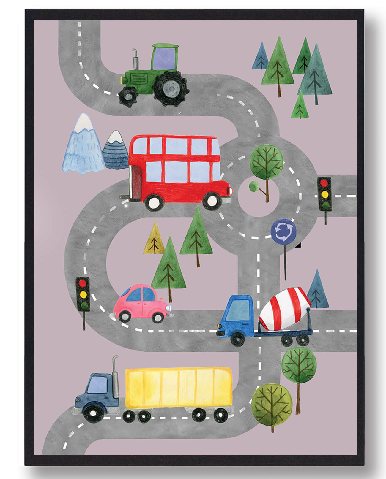 Biler på vejen - håndtegnet plakat (lyserød)