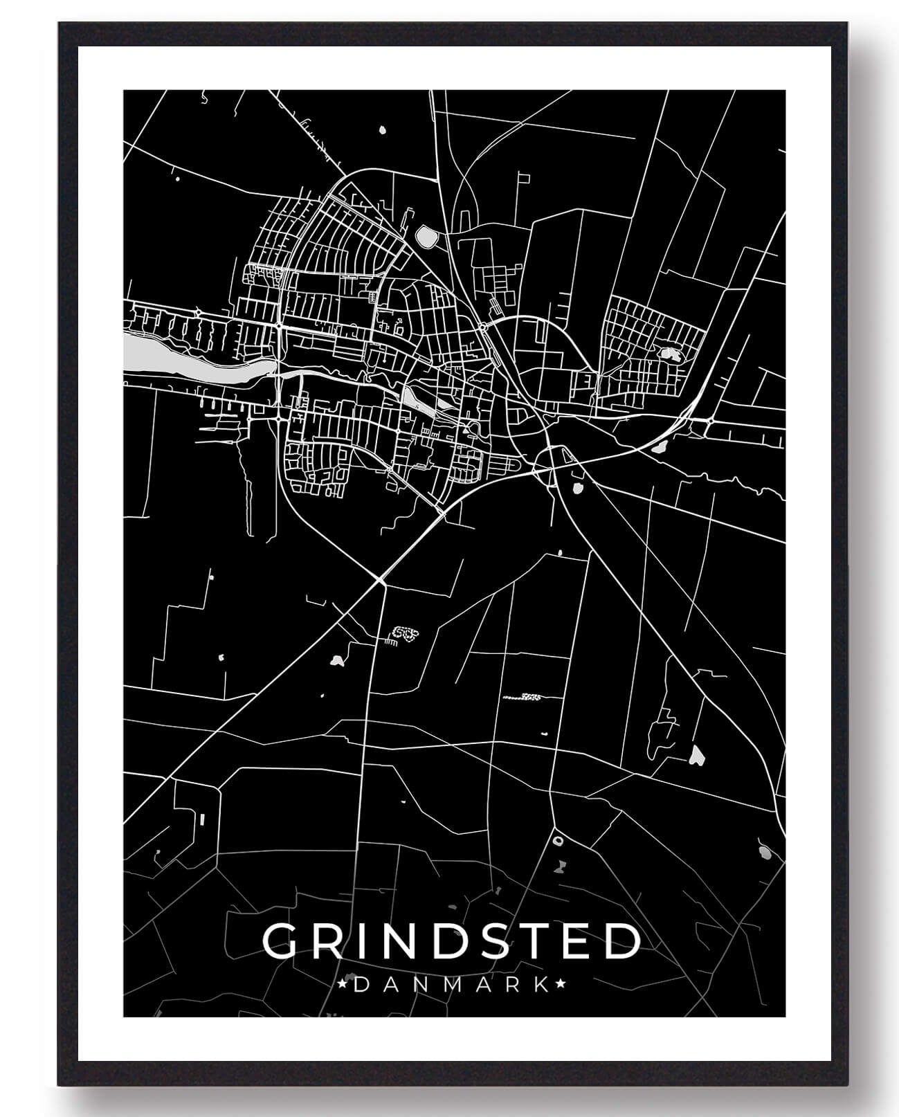 Grindsted By Plakat - Sort Kunstværk til Dit Hjem
