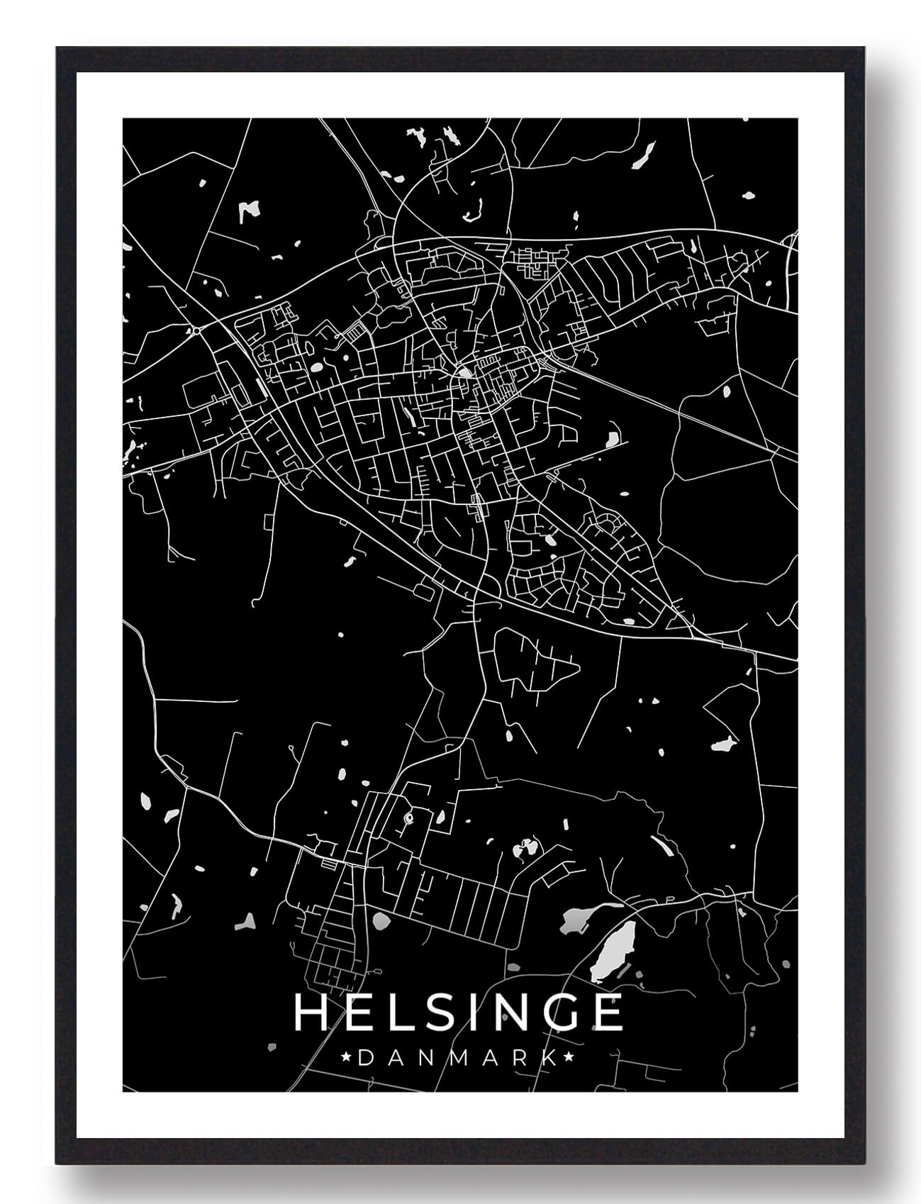 Helsinge By Plakat - Sort Kunsttryk til Dit Hjem