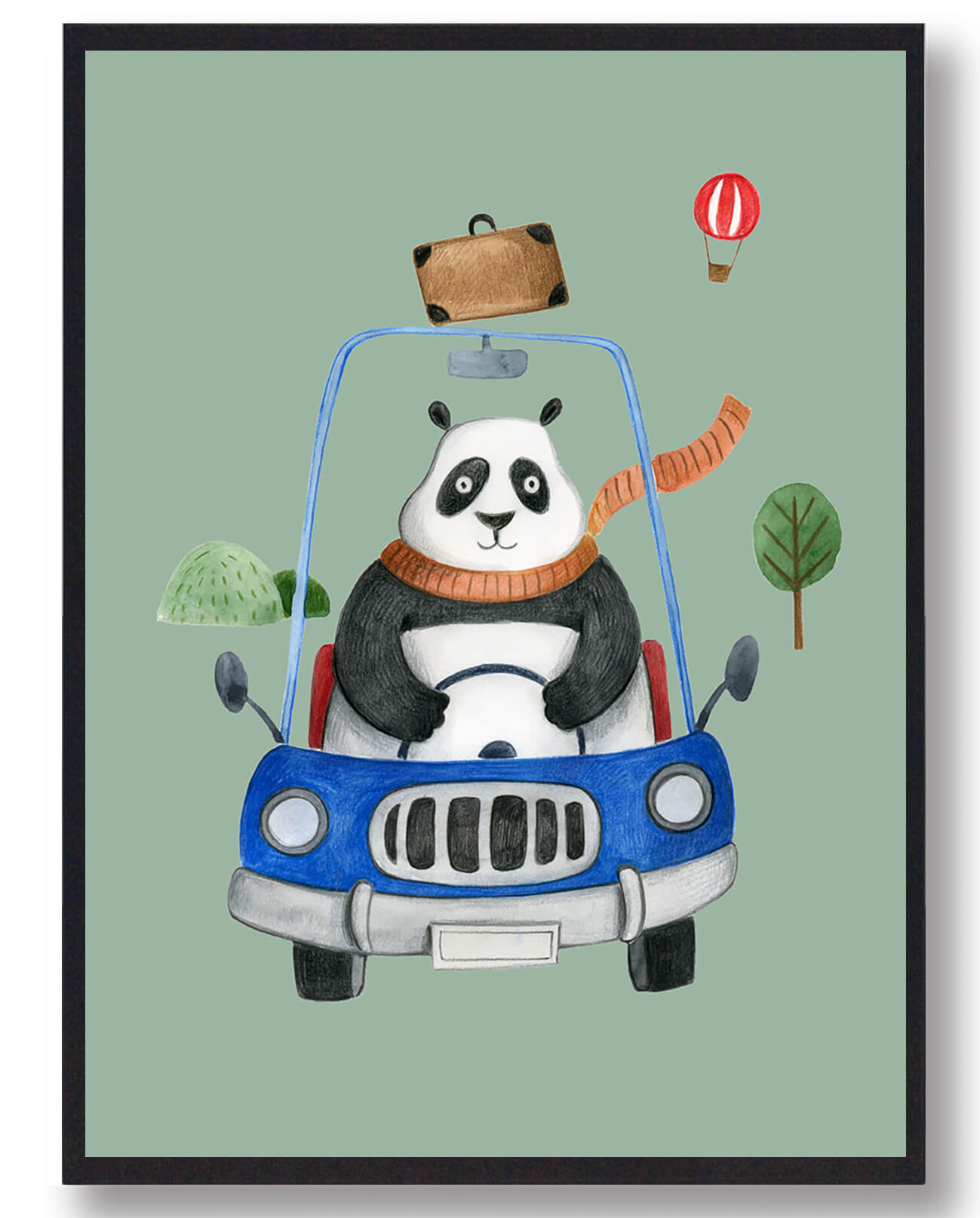 Panda i bil - håndtegnet plakat til børneværelset