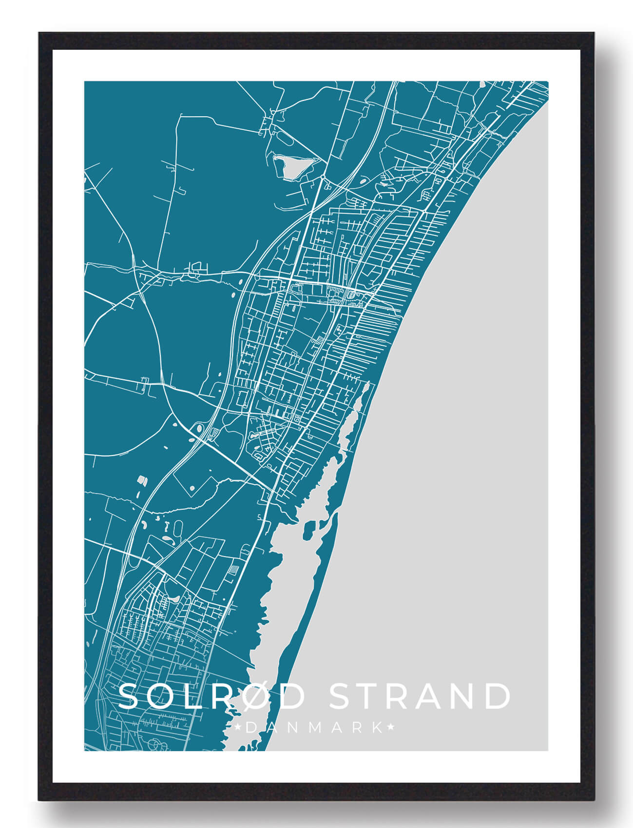 Solrød Strand byplakat - Blå, perfekt til dit hjem!