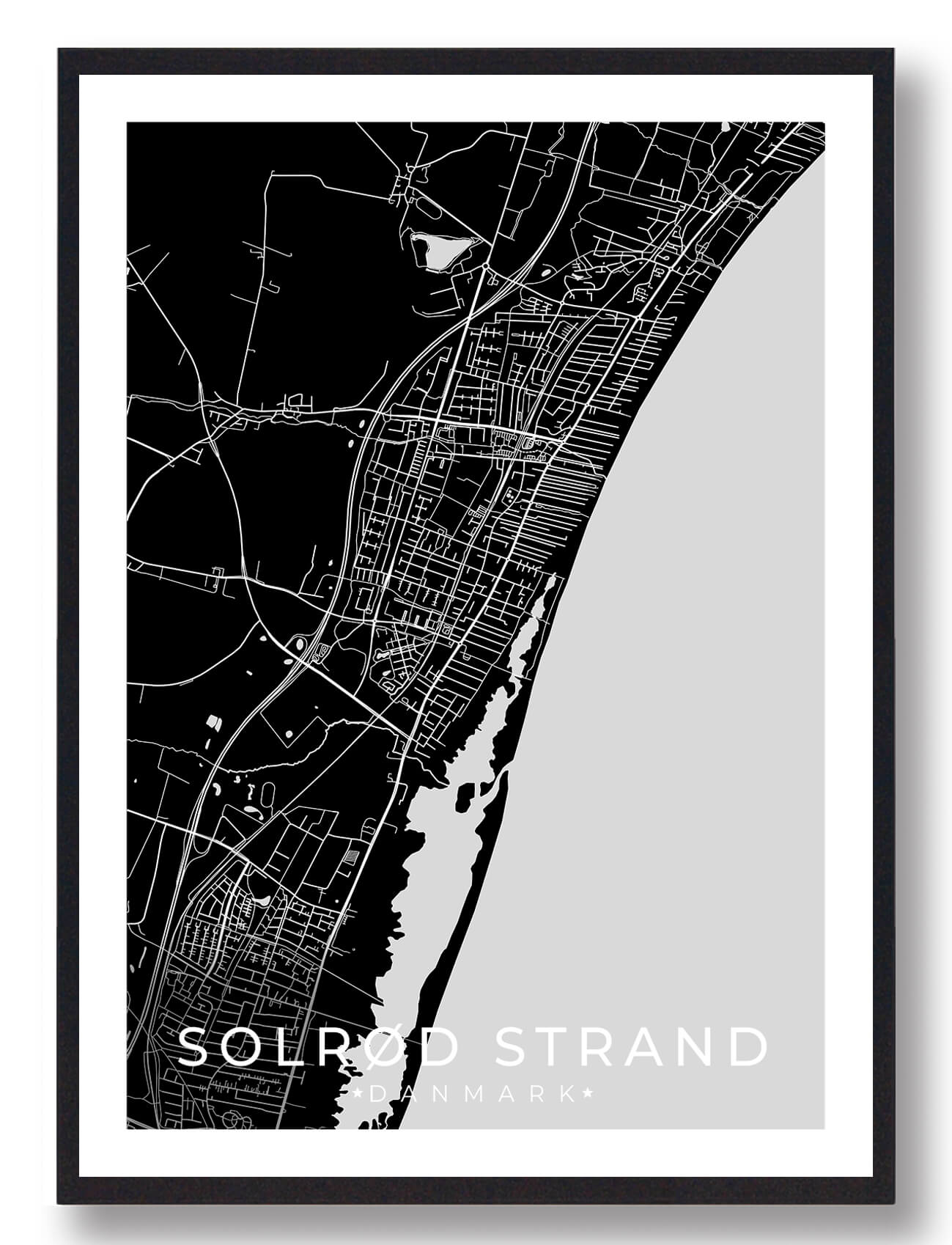 Solrød Strand Byplakat - Sort Design til Dit Hjem