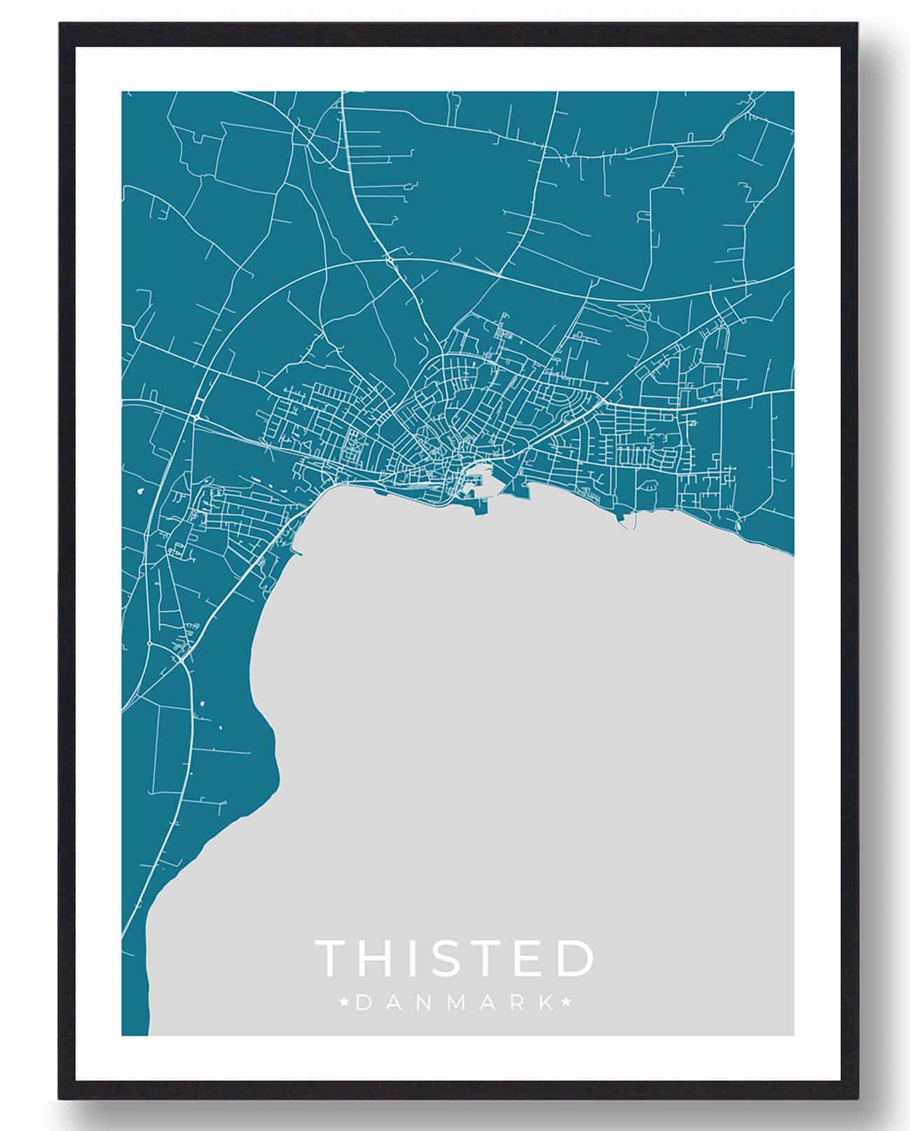 Thisted by plakat - Blå illustration af byen Thisted