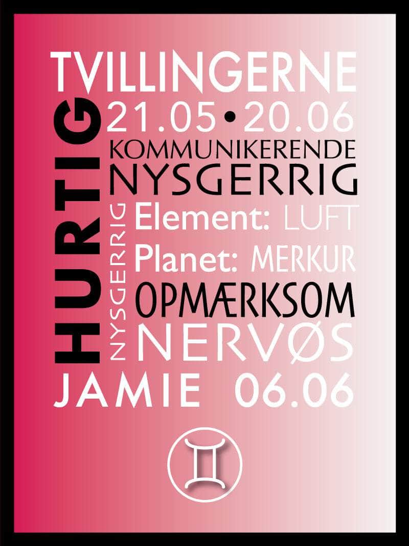 Tvillingerne Stjernetegn Plakat med Tekst - Unik Kunst