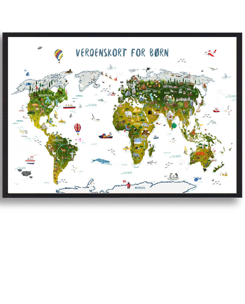 Verdenskort til børn - håndtegnet plakat
